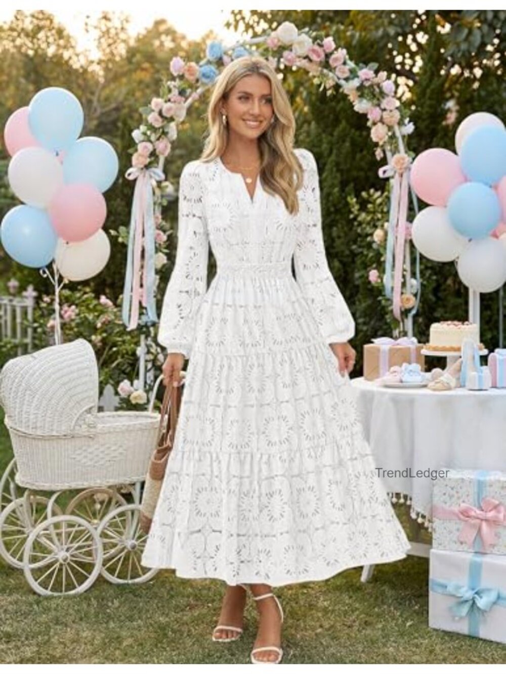 Women's Long Sleeve Floral Maxi Dress Lace Eyelet Hollow Out Tiered Boho - Picture 5 of 6